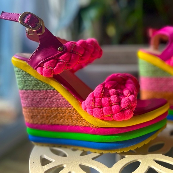 Colorful wedge opentoe sandals, size 5.5 NWOB, braided fish mouth platform heels - Picture 2 of 8